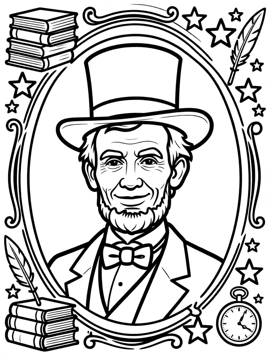 A portrait of Abraham Lincoln with a big smile, framed with decorative borders and symbols of their time period.
