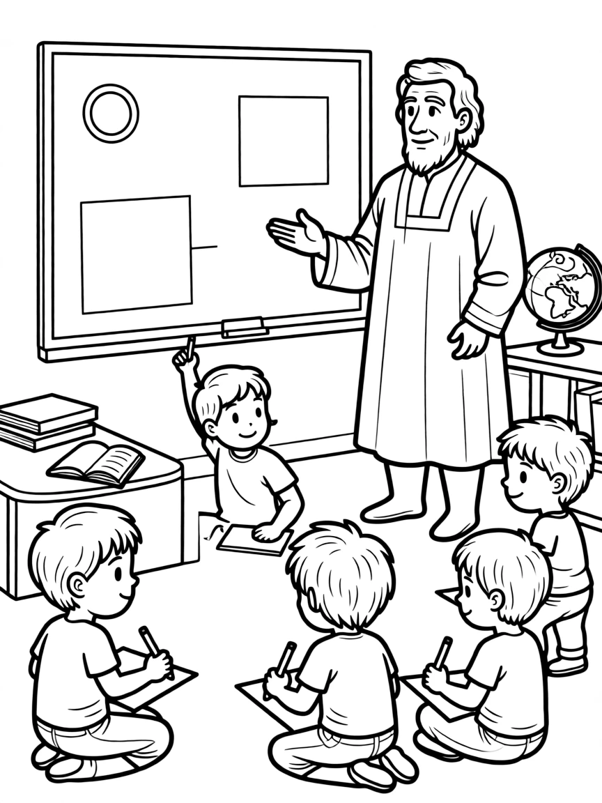 Leonardo da Vinci teaching children, with educational items like chalkboards and pencils, in a friendly classroom scene.