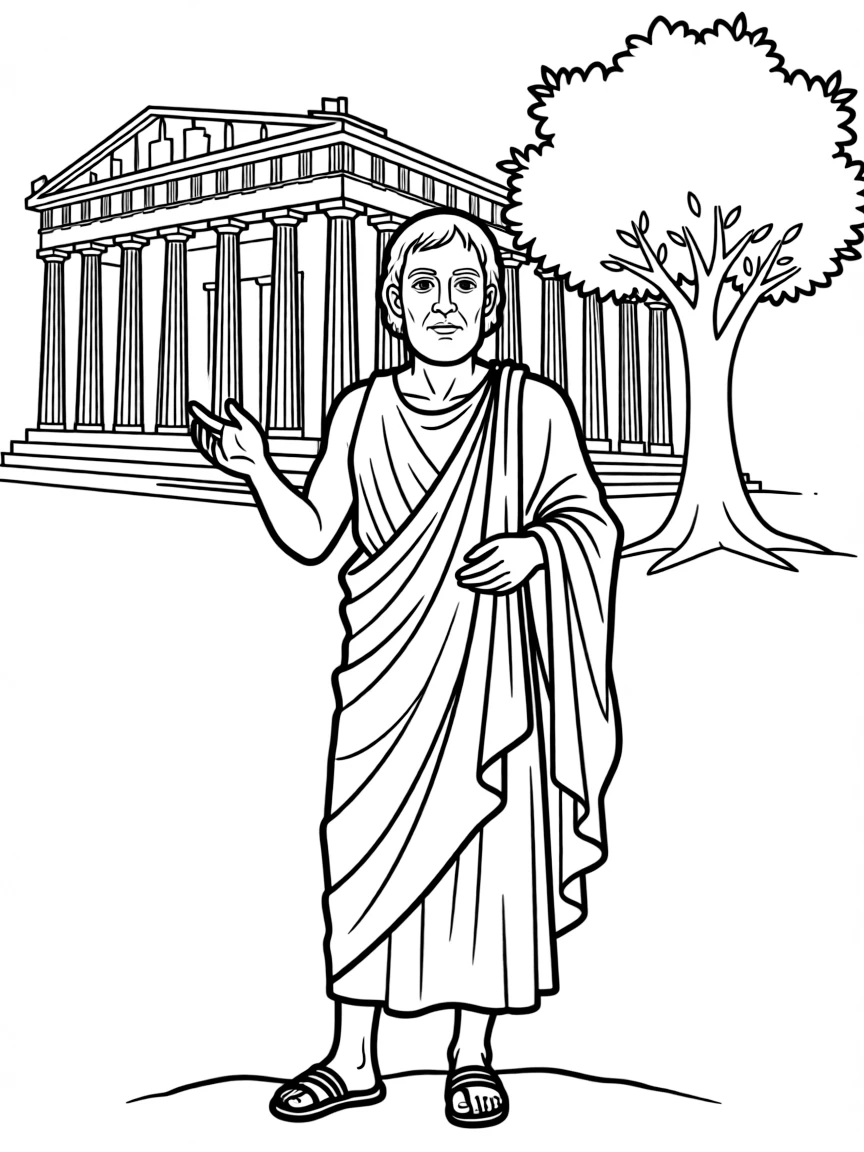 Socrates standing proudly with historical landmarks in the background, drawn with clear bold lines for coloring.