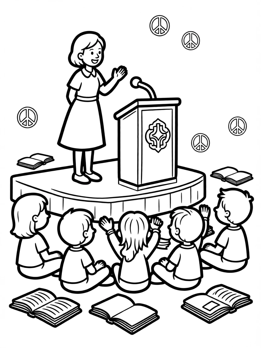 A fun coloring page of Helen Keller giving a speech to children with books and peace signs around.
