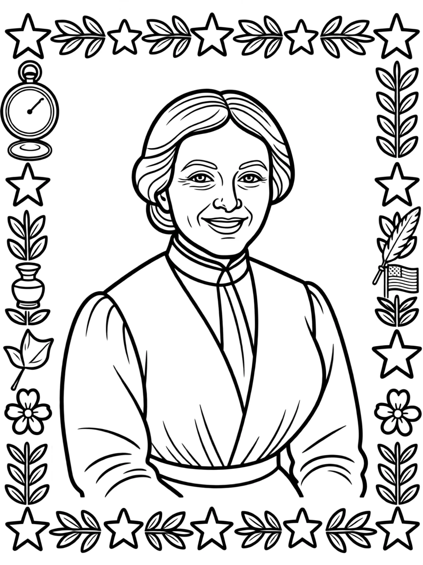 A portrait of Susan B. Anthony with a big smile, framed with decorative borders and symbols of their time period.