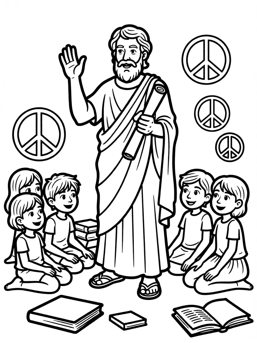 A fun coloring page of Aristotle giving a speech to children with books and peace signs around.