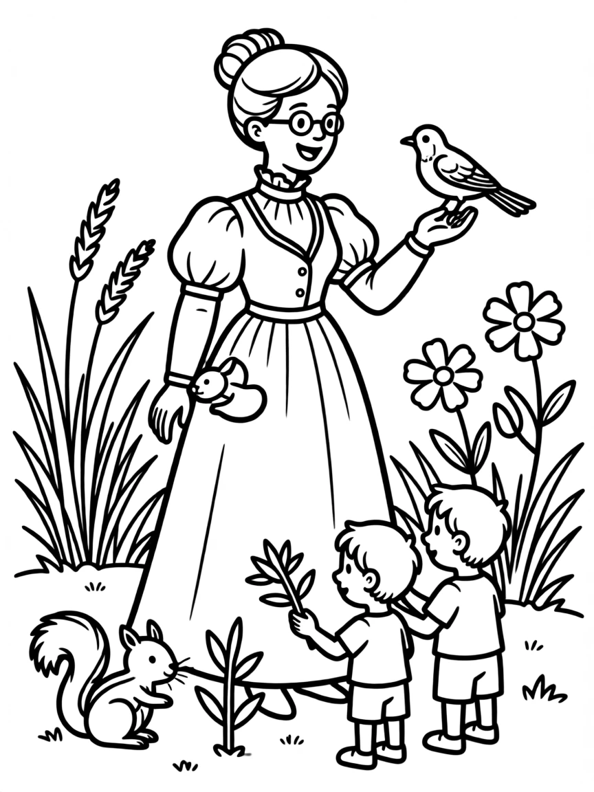 A playful scene showing Marie Curie in a historical outfit with animals, plants, or kids nearby.