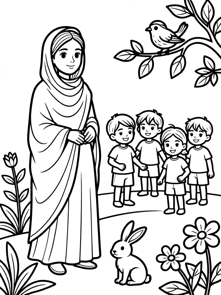 A playful scene showing Malala Yousafzai in a historical outfit with animals, plants, or kids nearby.