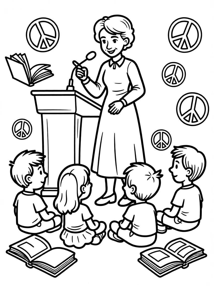 A fun coloring page of Marie Curie giving a speech to children with books and peace signs around.