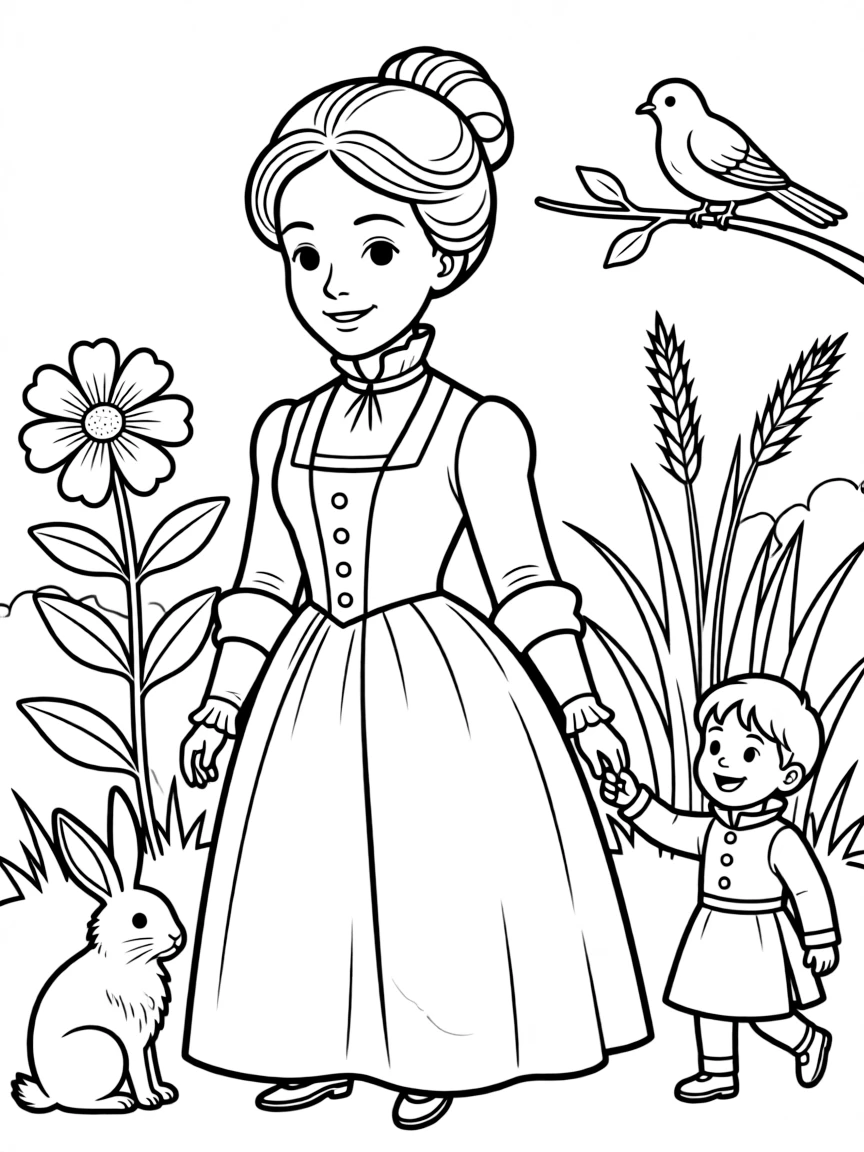 A playful scene showing Jane Austen in a historical outfit with animals, plants, or kids nearby.
