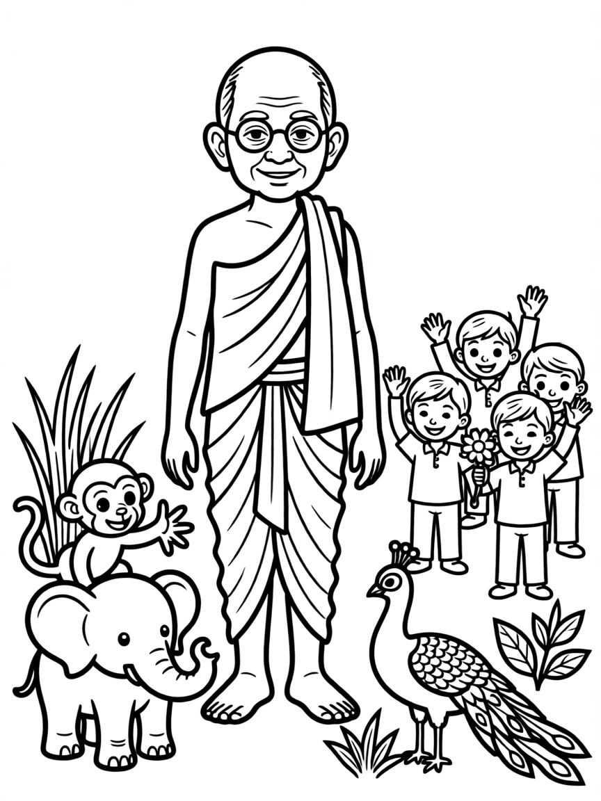 A playful scene showing Mahatma Gandhi in a historical outfit with animals, plants, or kids nearby.