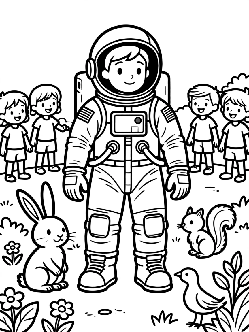 A playful scene showing Neil Armstrong in a historical outfit with animals, plants, or kids nearby.
