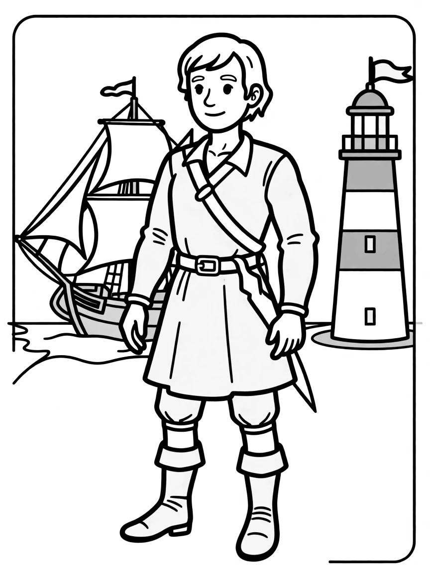 Christopher Columbus standing proudly with historical landmarks in the background, drawn with clear bold lines for coloring.