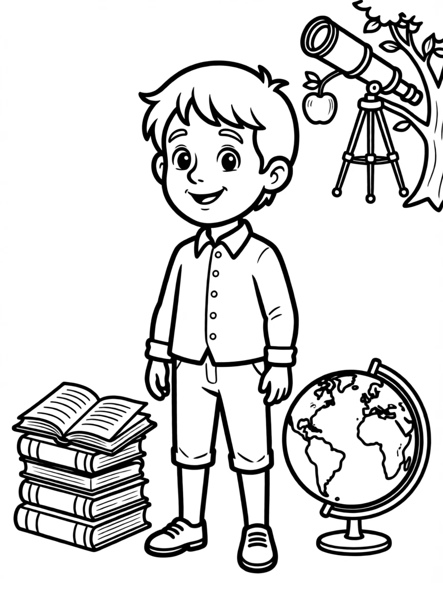 A cartoon-style drawing of Isaac Newton surrounded by symbols of their achievements, like books, tools, or globes.