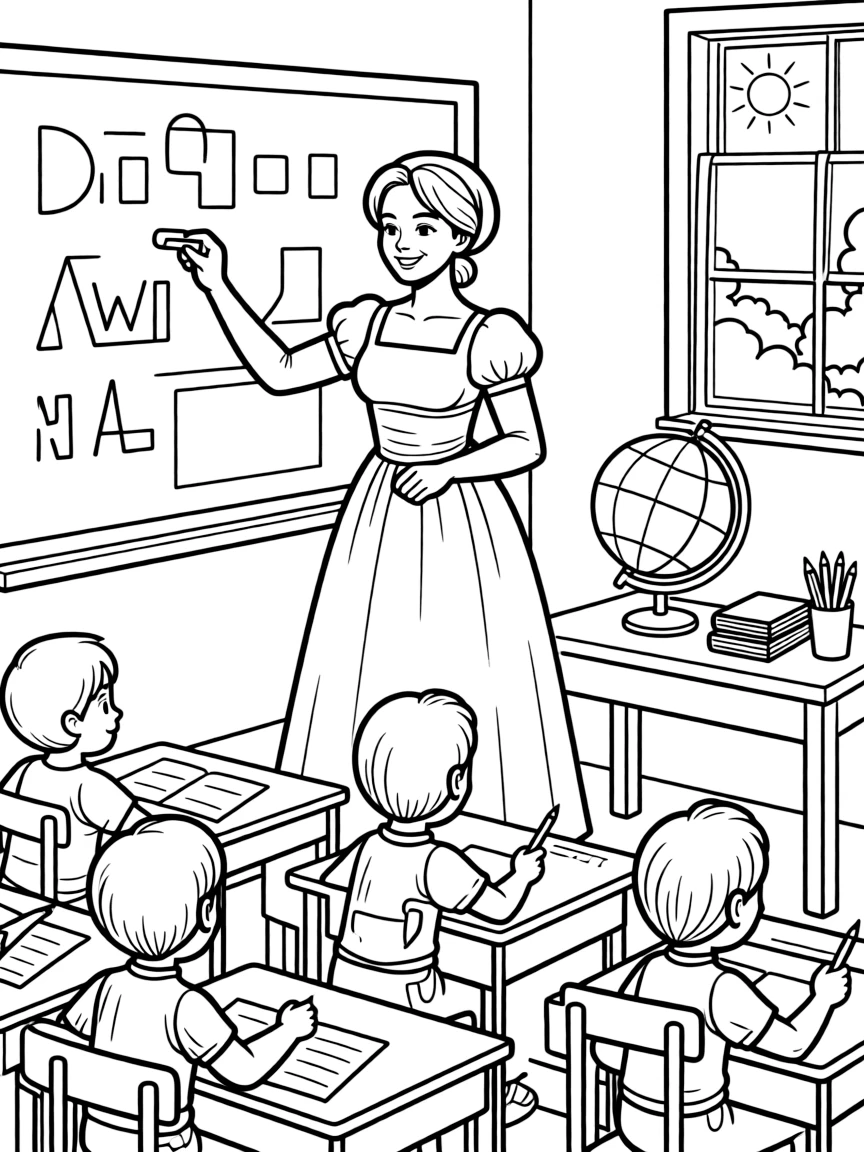Jane Austen teaching children, with educational items like chalkboards and pencils, in a friendly classroom scene.