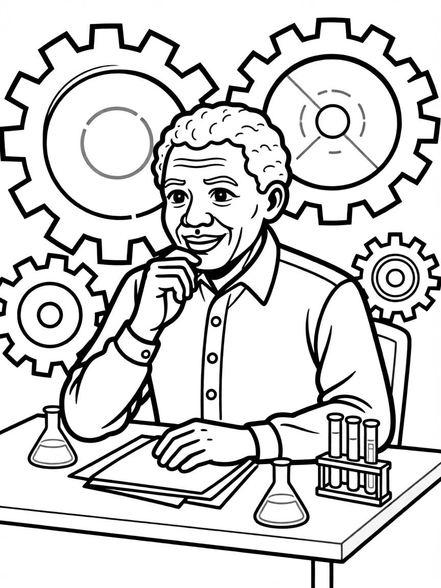 Nelson Mandela working on their famous invention or idea, with gears, papers, or lab equipment drawn simply.