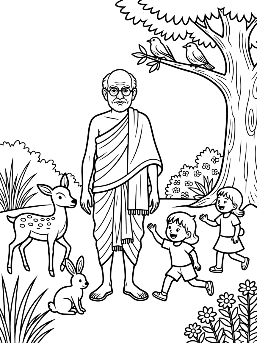 A playful scene showing Mahatma Gandhi in a historical outfit with animals, plants, or kids nearby.