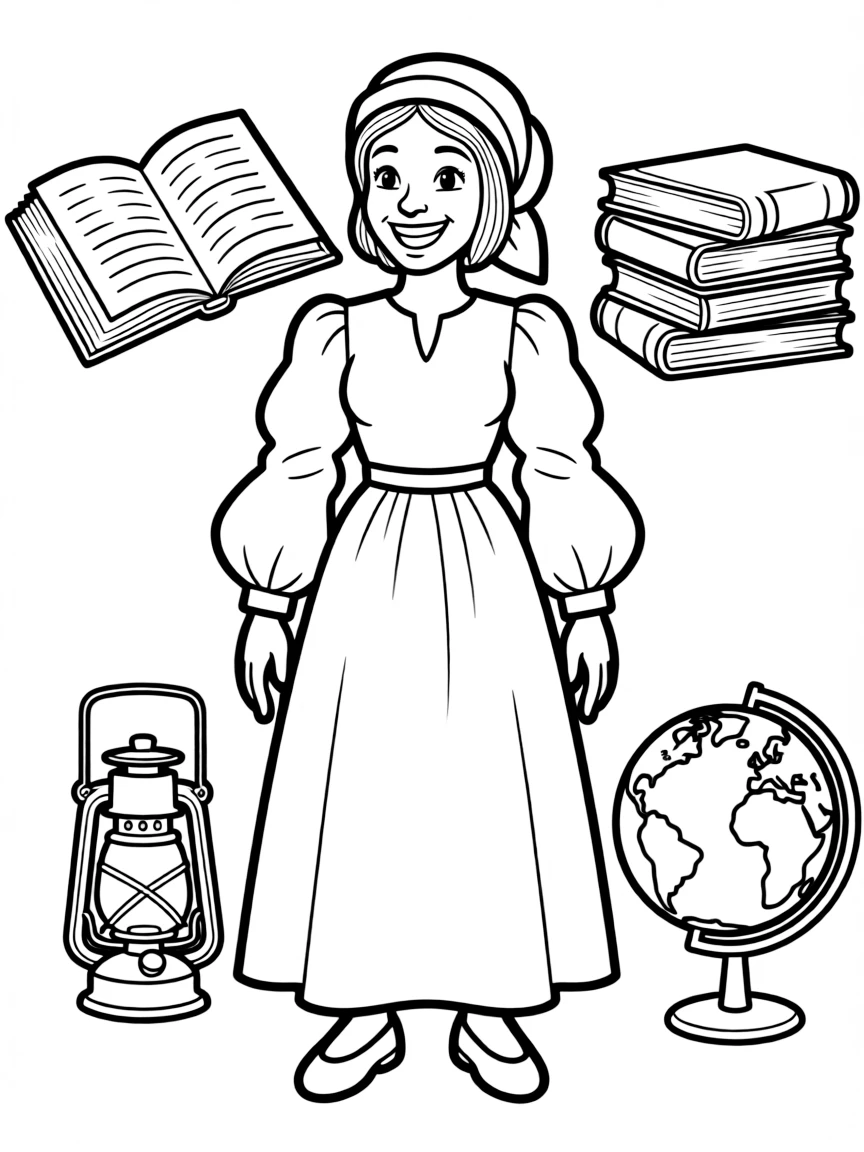 A cartoon-style drawing of Harriet Tubman surrounded by symbols of their achievements, like books, tools, or globes.