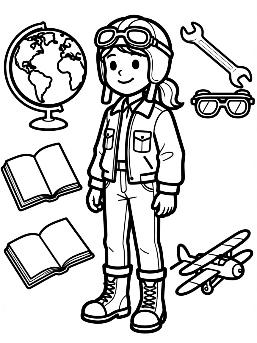 A cartoon-style drawing of Amelia Earhart surrounded by symbols of their achievements, like books, tools, or globes.