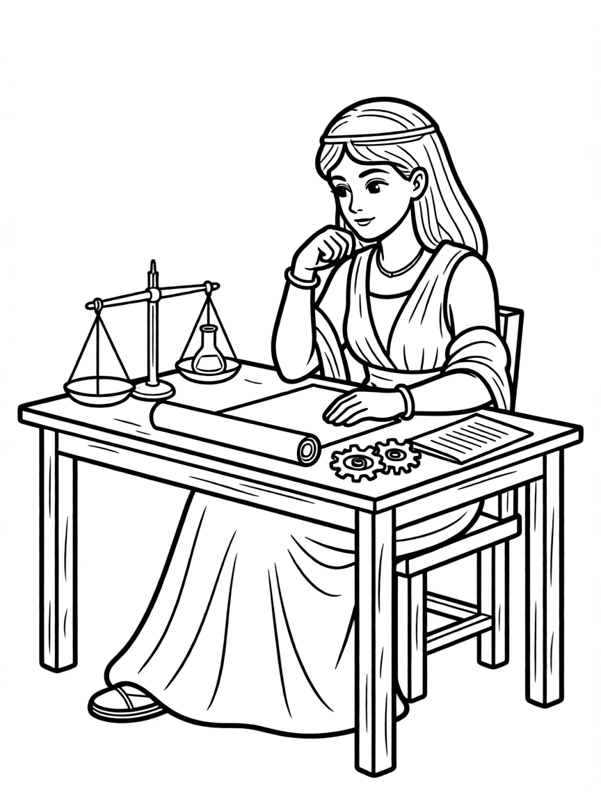 Cleopatra working on their famous invention or idea, with gears, papers, or lab equipment drawn simply.