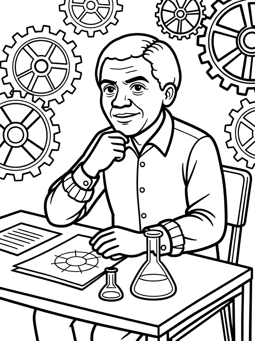 Nelson Mandela working on their famous invention or idea, with gears, papers, or lab equipment drawn simply.