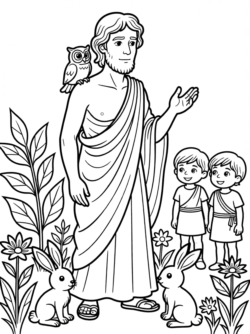 A playful scene showing Plato in a historical outfit with animals, plants, or kids nearby.