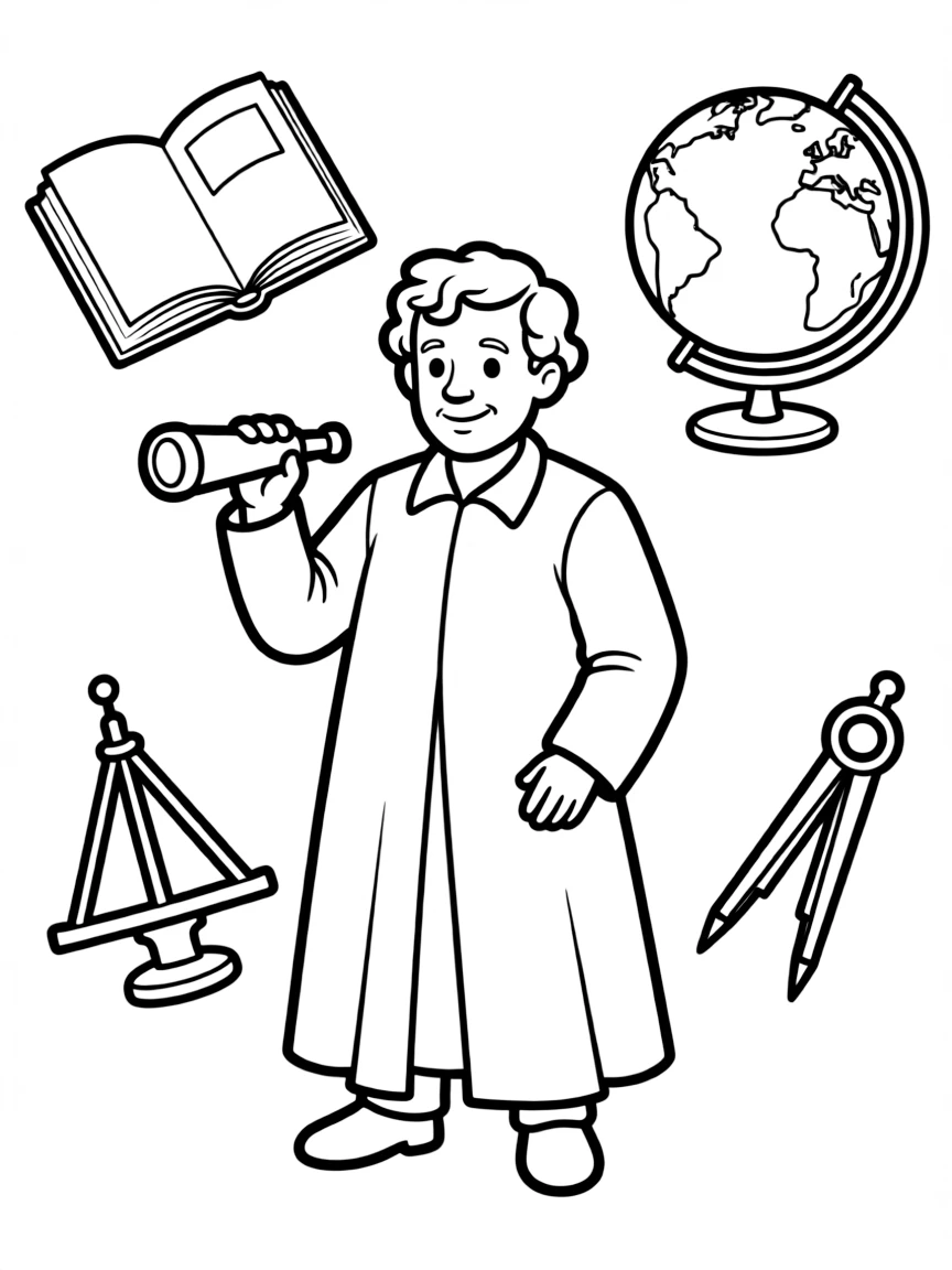 A cartoon-style drawing of Galileo Galilei surrounded by symbols of their achievements, like books, tools, or globes.