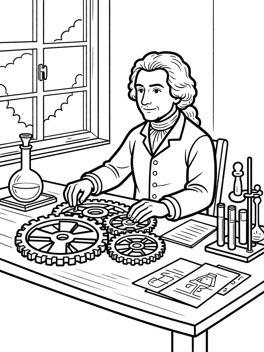 Isaac Newton working on their famous invention or idea, with gears, papers, or lab equipment drawn simply.