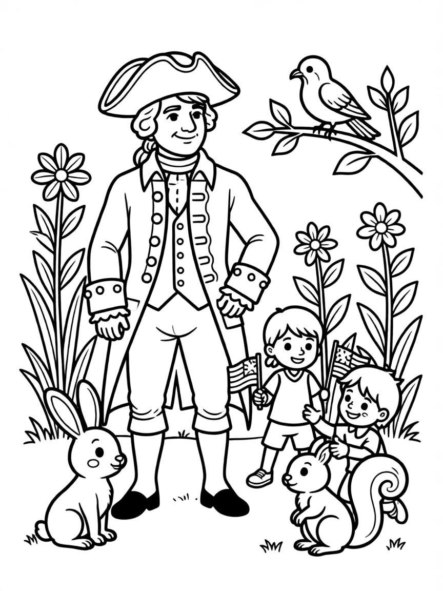 A playful scene showing George Washington in a historical outfit with animals, plants, or kids nearby.