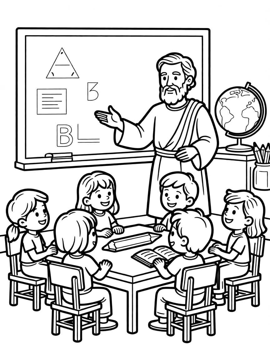 Aristotle teaching children, with educational items like chalkboards and pencils, in a friendly classroom scene.