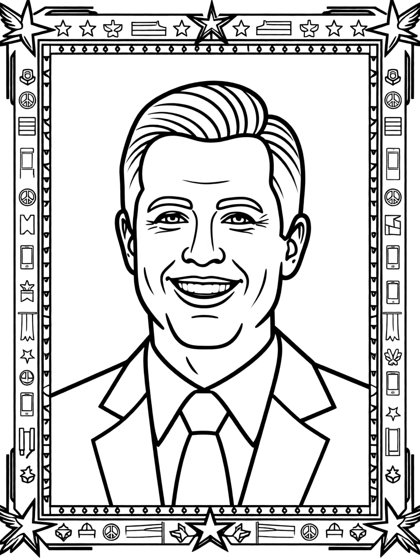 A portrait of Barack Obama with a big smile, framed with decorative borders and symbols of their time period.