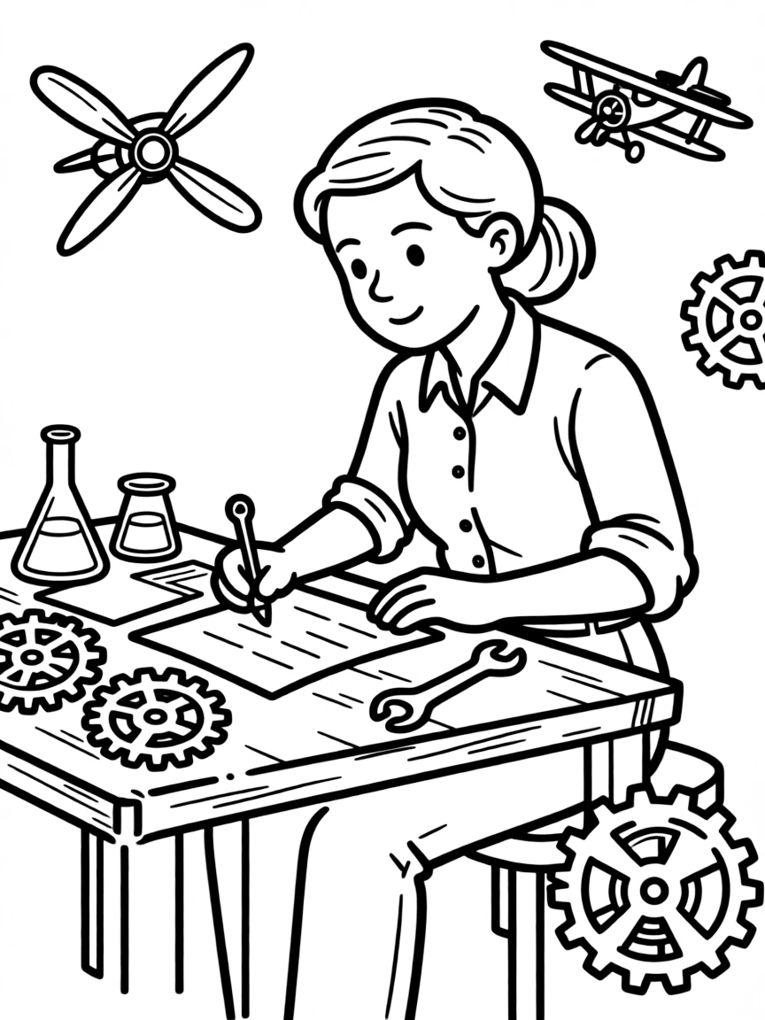 Amelia Earhart working on their famous invention or idea, with gears, papers, or lab equipment drawn simply.