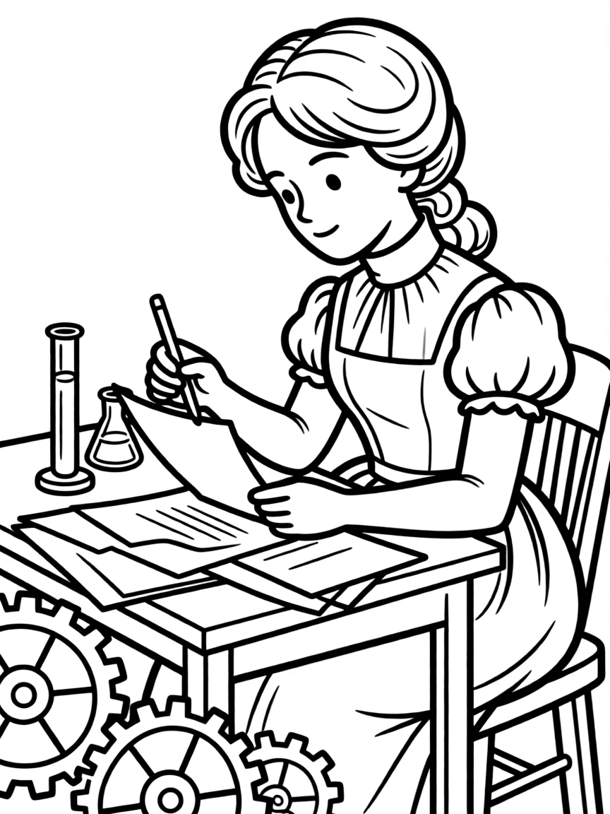 Jane Austen working on their famous invention or idea, with gears, papers, or lab equipment drawn simply.