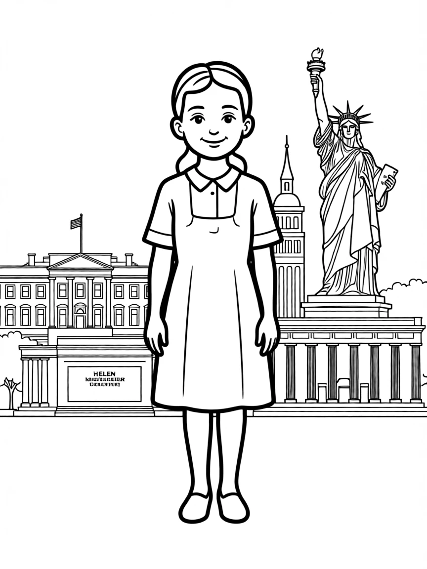 Helen Keller standing proudly with historical landmarks in the background, drawn with clear bold lines for coloring.