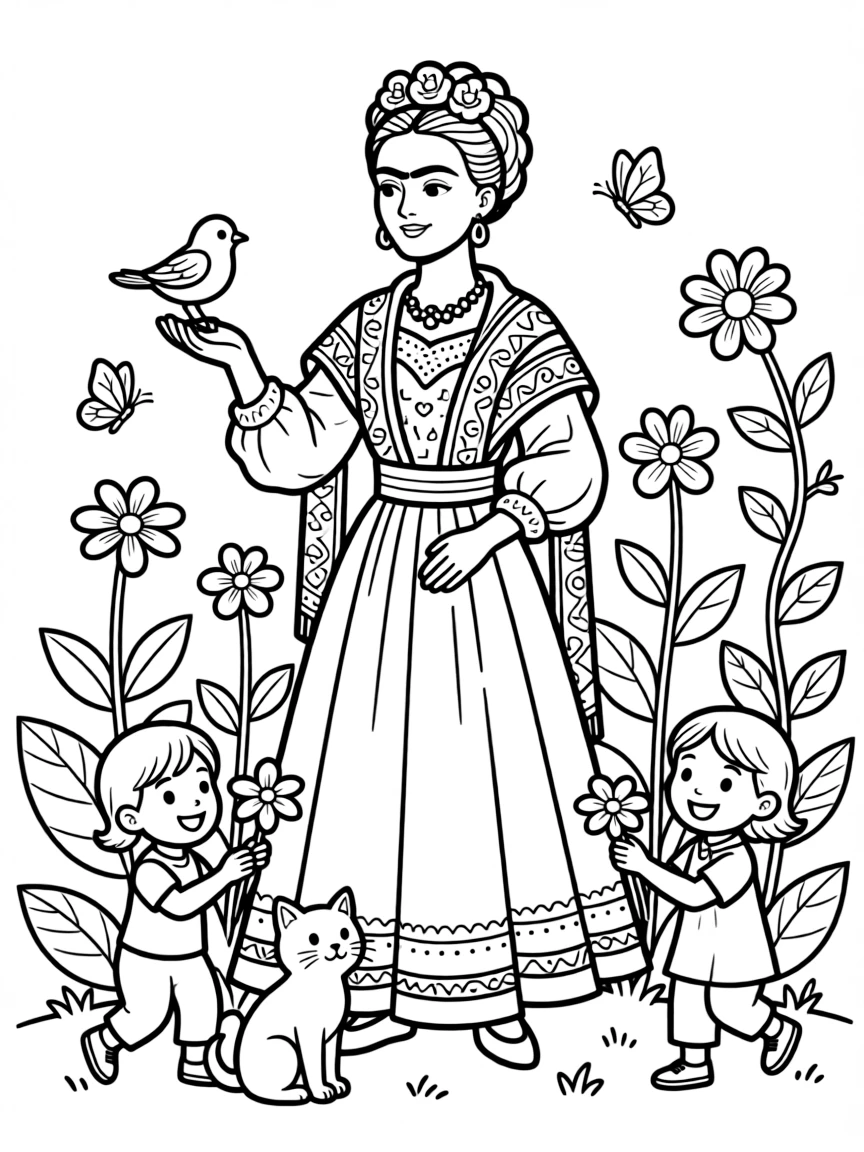 A playful scene showing Frida Kahlo in a historical outfit with animals, plants, or kids nearby.