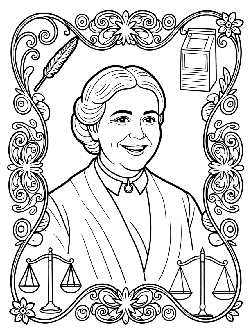 A portrait of Susan B. Anthony with a big smile, framed with decorative borders and symbols of their time period.