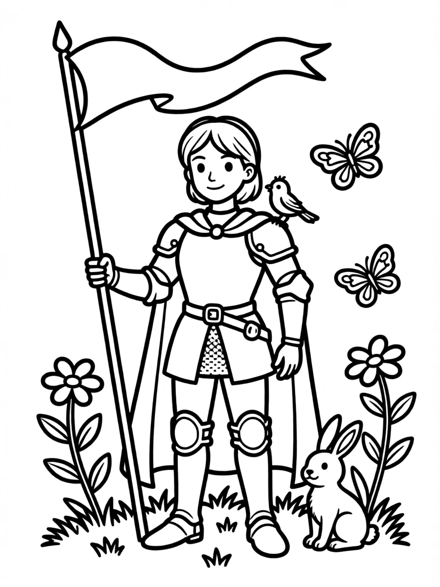 A playful scene showing Joan of Arc in a historical outfit with animals, plants, or kids nearby.