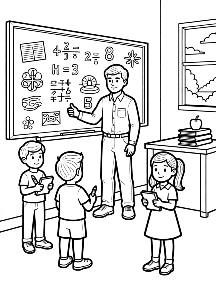 Neil Armstrong teaching children, with educational items like chalkboards and pencils, in a friendly classroom scene.