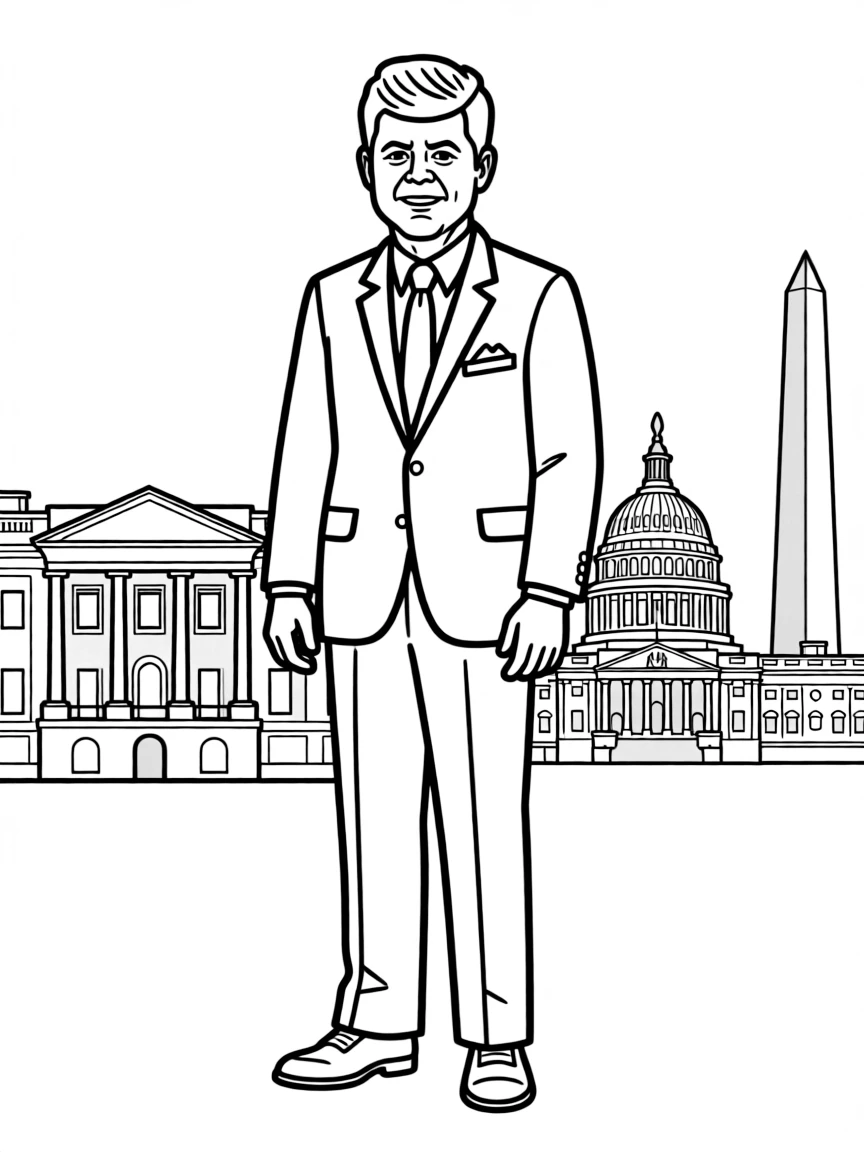 John F. Kennedy standing proudly with historical landmarks in the background, drawn with clear bold lines for coloring.
