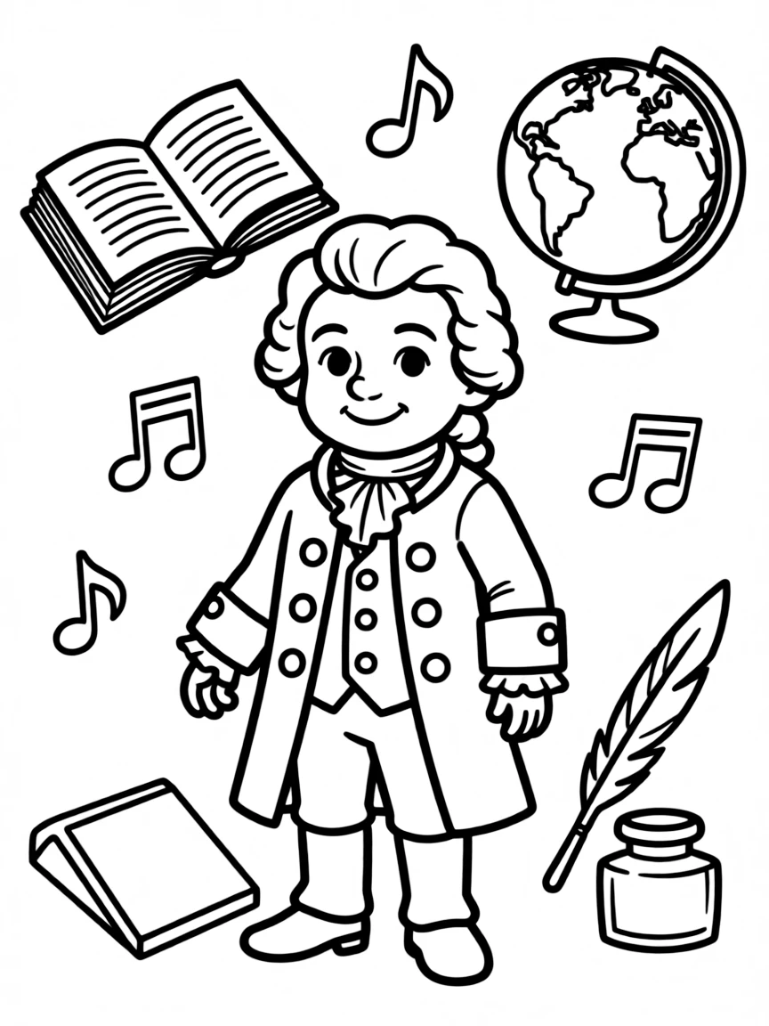A cartoon-style drawing of Mozart surrounded by symbols of their achievements, like books, tools, or globes.