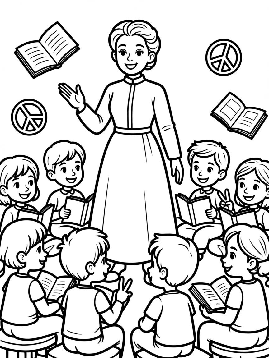A fun coloring page of Marie Curie giving a speech to children with books and peace signs around.