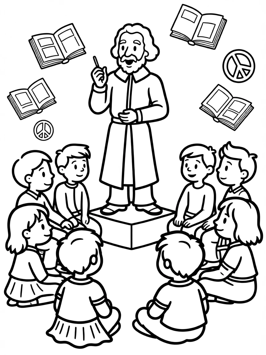 A fun coloring page of Galileo Galilei giving a speech to children with books and peace signs around.