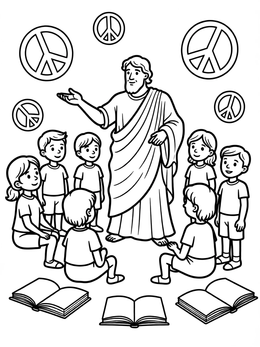 A fun coloring page of Plato giving a speech to children with books and peace signs around.