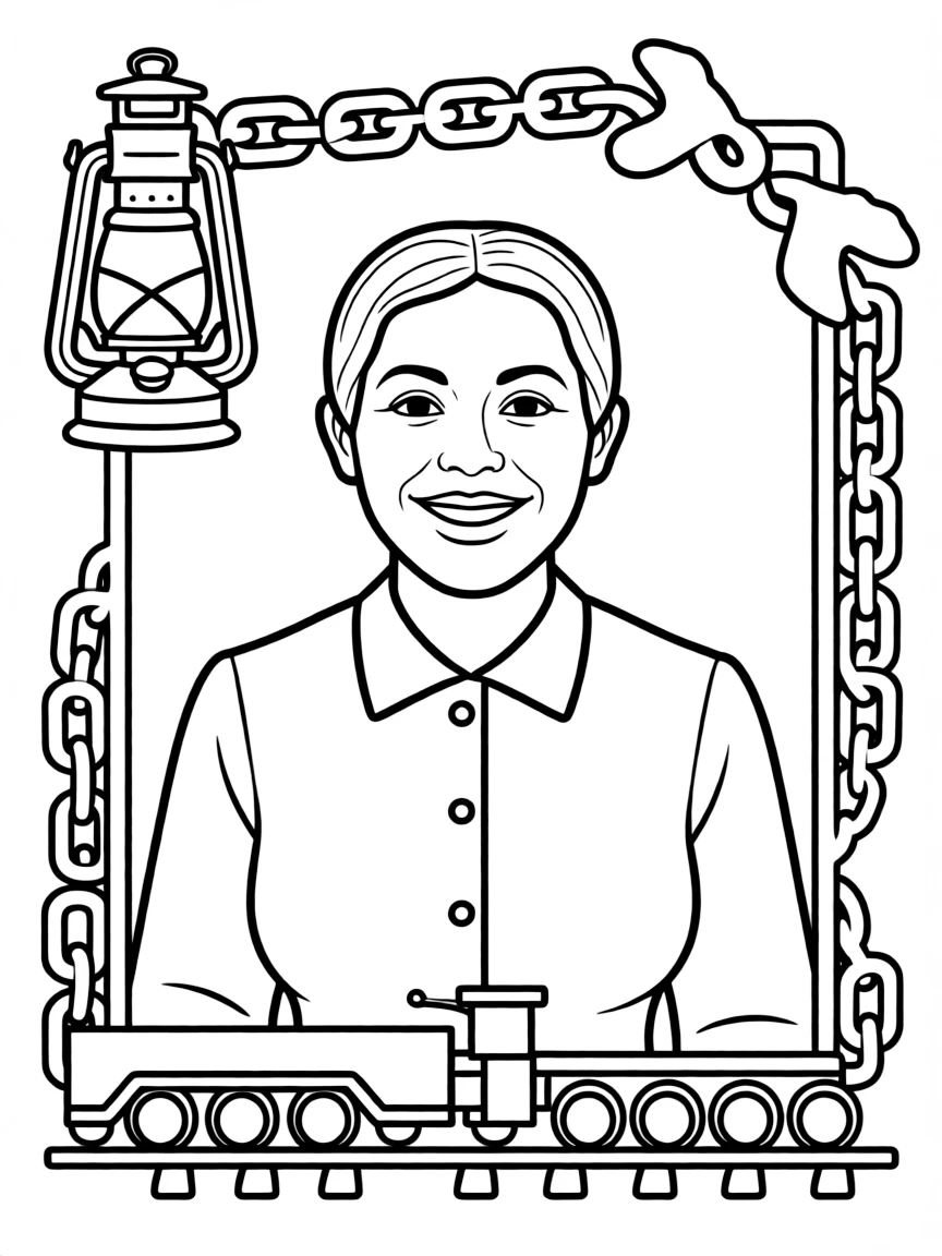 A portrait of Harriet Tubman with a big smile, framed with decorative borders and symbols of their time period.
