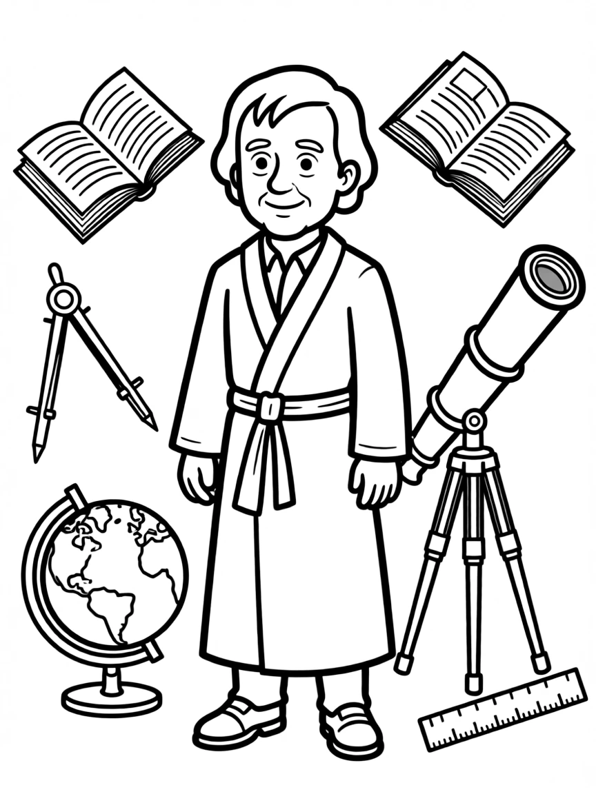 A cartoon-style drawing of Galileo Galilei surrounded by symbols of their achievements, like books, tools, or globes.