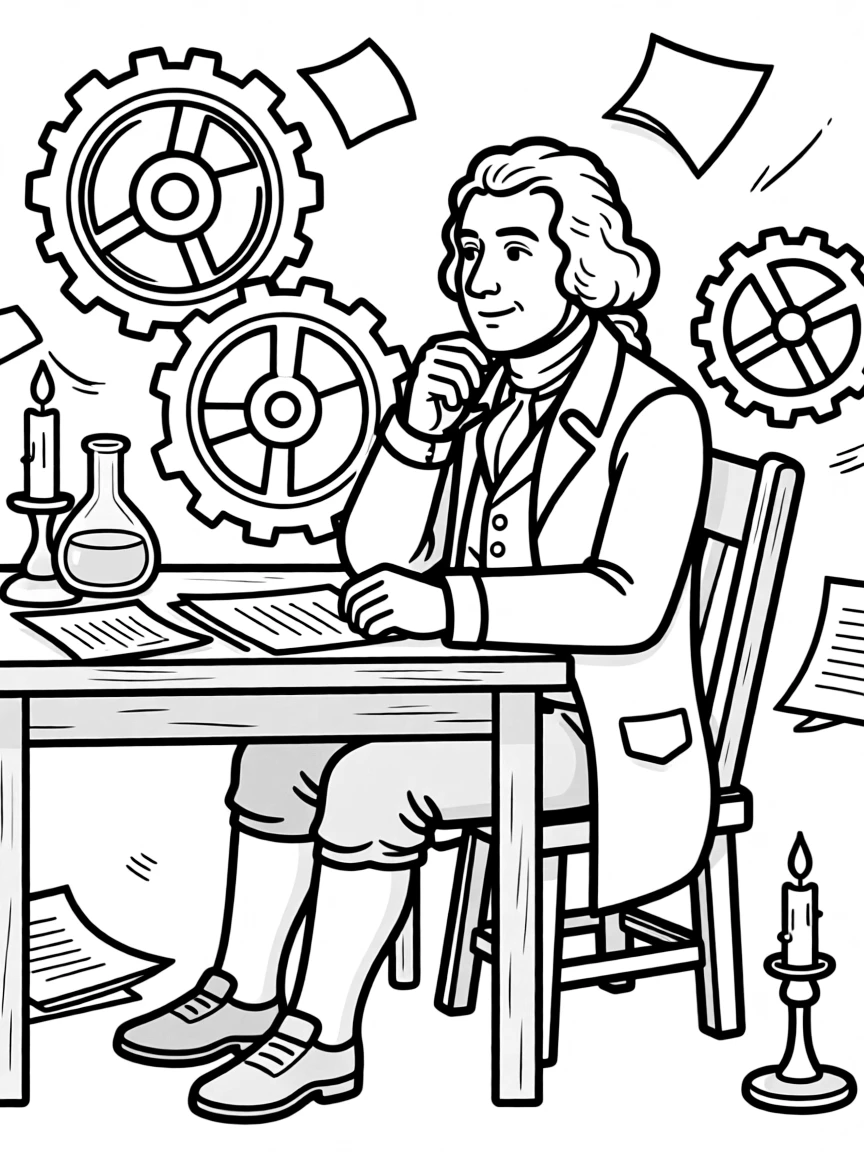Benjamin Franklin working on their famous invention or idea, with gears, papers, or lab equipment drawn simply.