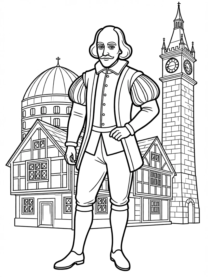 William Shakespeare standing proudly with historical landmarks in the background, drawn with clear bold lines for coloring.