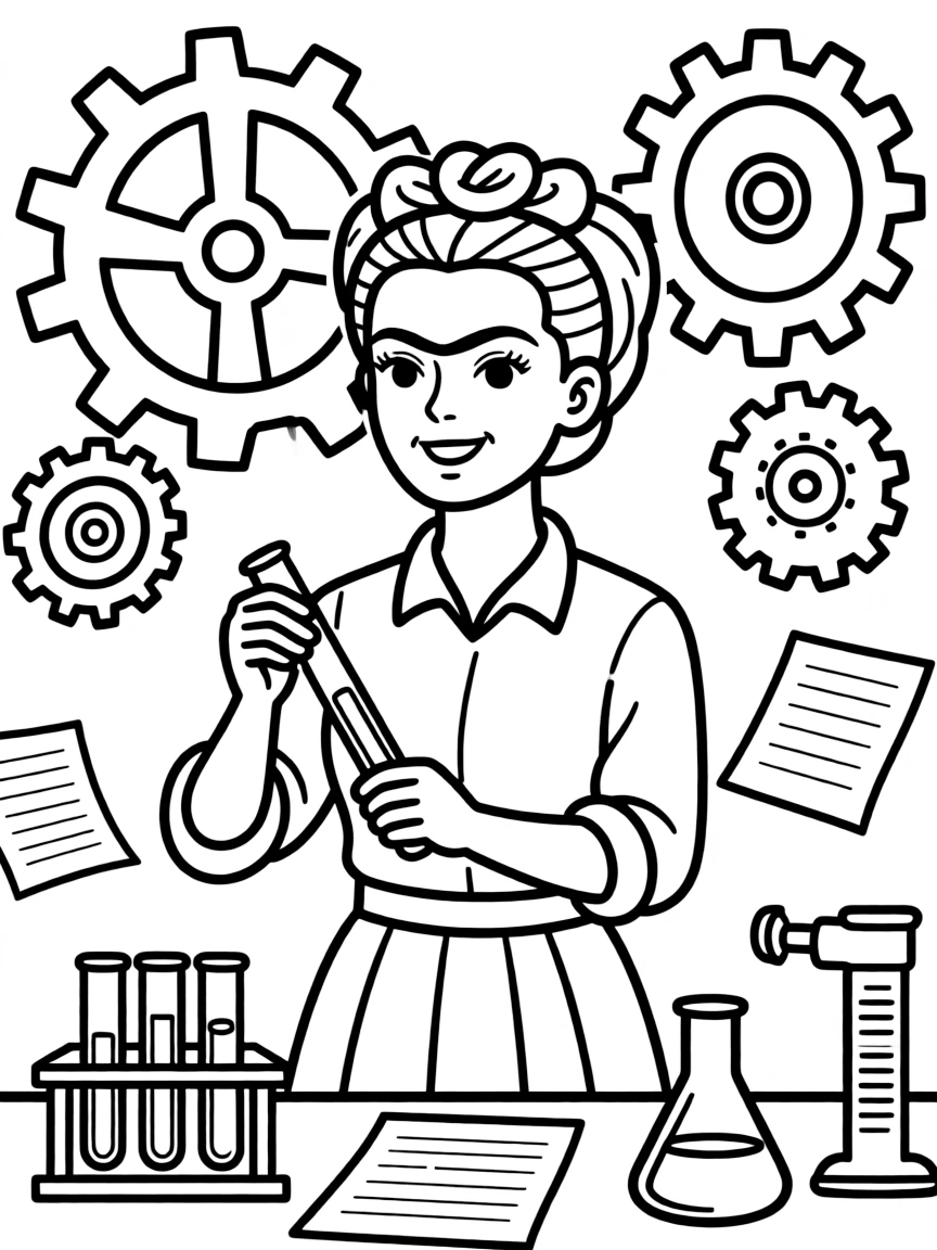 Frida Kahlo working on their famous invention or idea, with gears, papers, or lab equipment drawn simply.