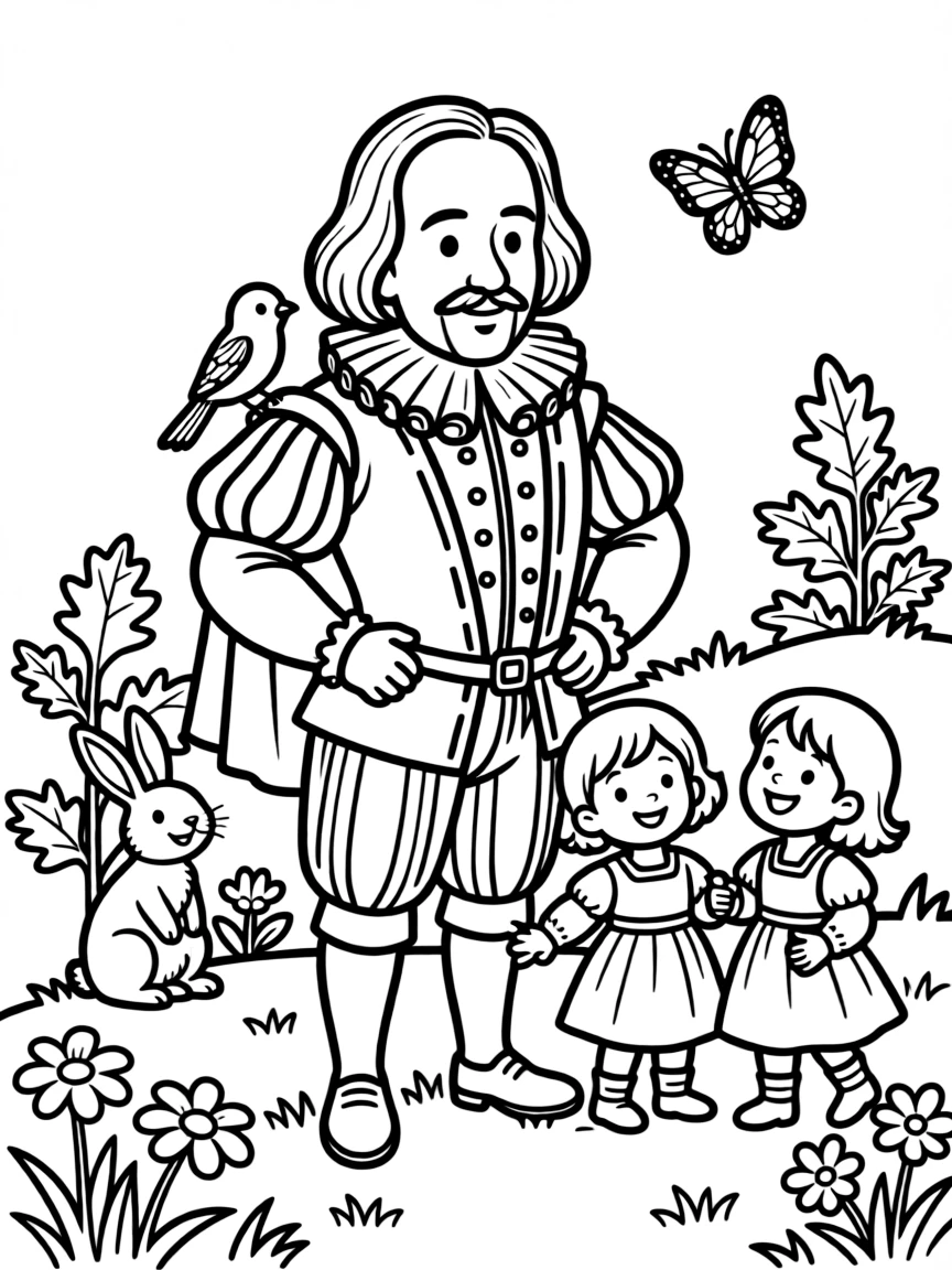 A playful scene showing William Shakespeare in a historical outfit with animals, plants, or kids nearby.