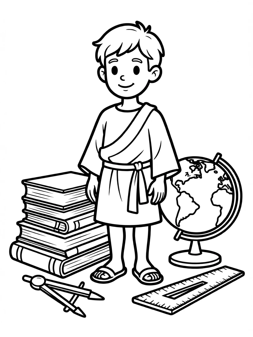 A cartoon-style drawing of Plato surrounded by symbols of their achievements, like books, tools, or globes.