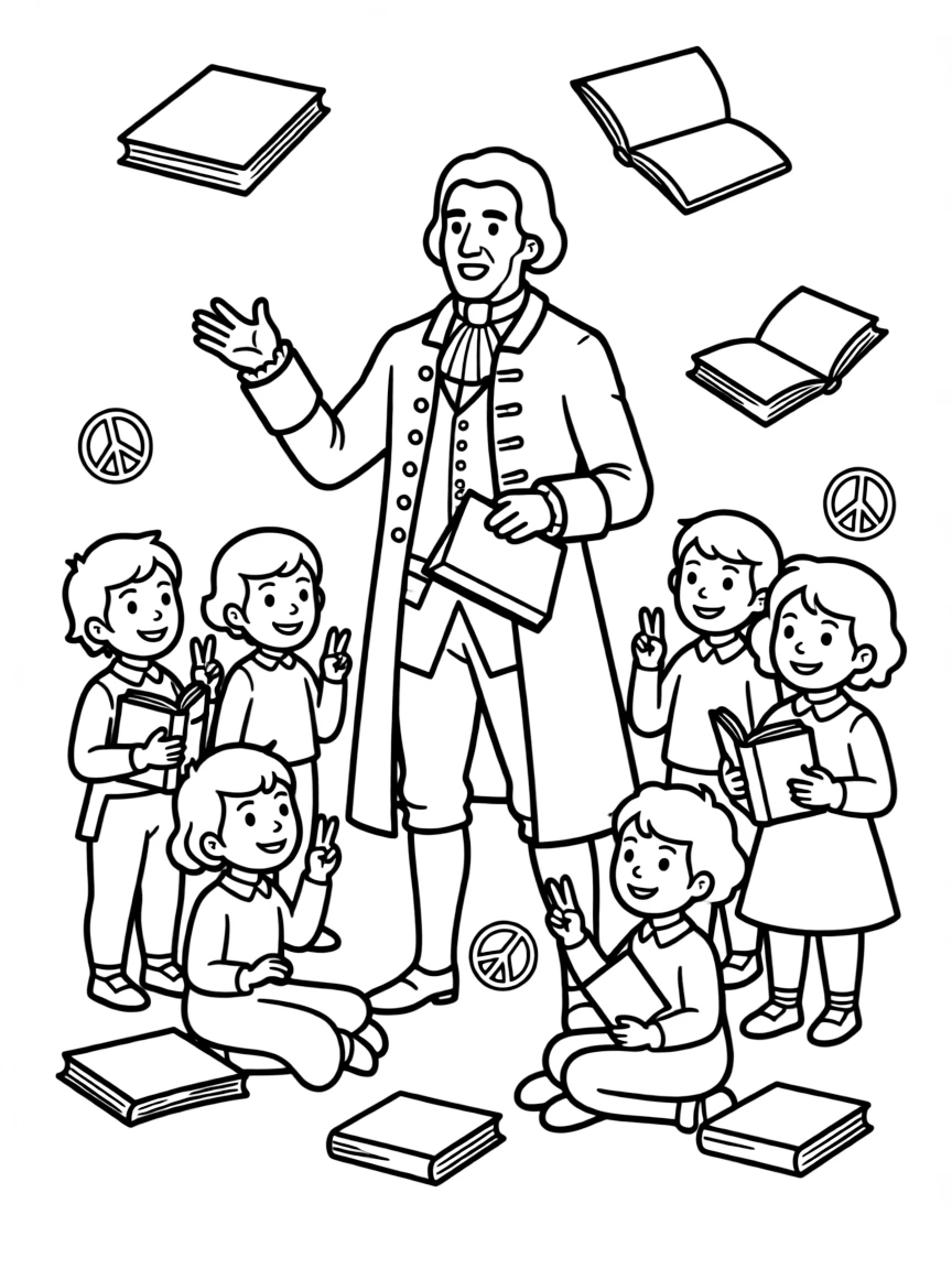 A fun coloring page of Isaac Newton giving a speech to children with books and peace signs around.