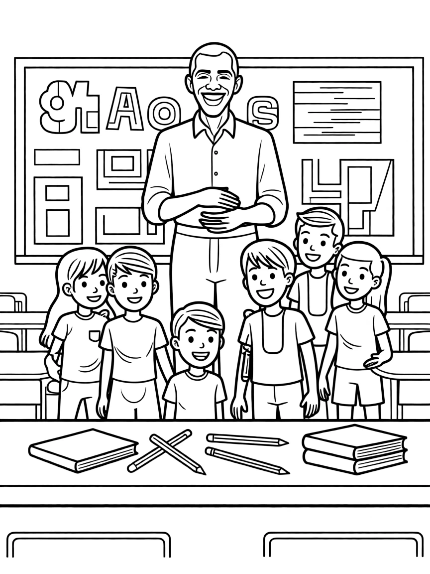 Barack Obama teaching children, with educational items like chalkboards and pencils, in a friendly classroom scene.