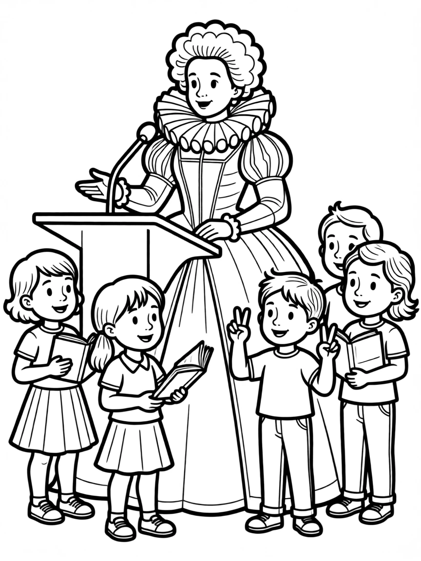 A fun coloring page of Queen Elizabeth I giving a speech to children with books and peace signs around.