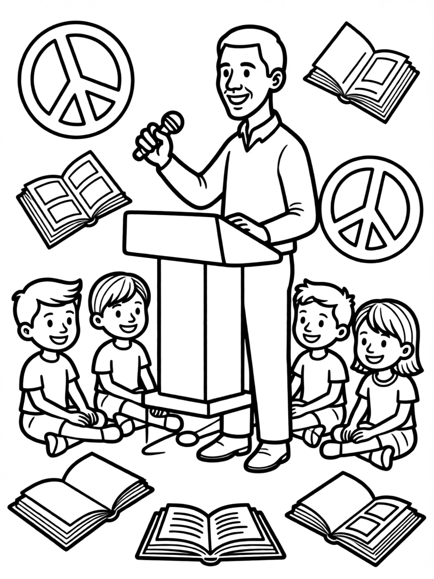 A fun coloring page of Barack Obama giving a speech to children with books and peace signs around.
